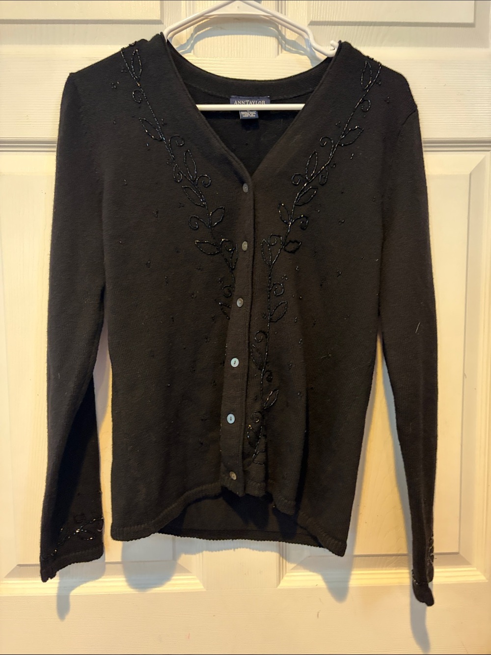 Ann Taylor Black Beaded V-Neck Cardigan